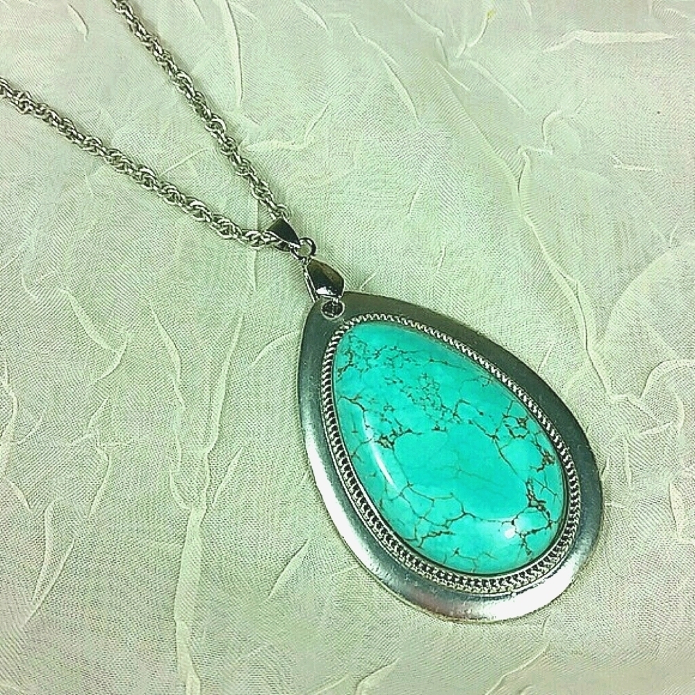 Sterling Silver Rope Chain Necklace GENUINE Turquoise Pendant